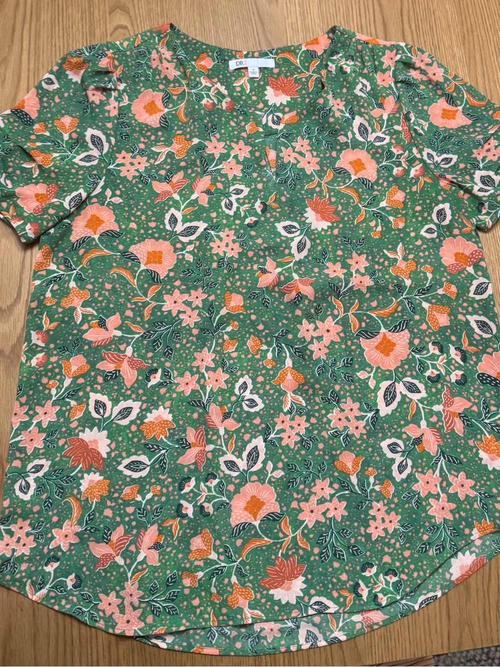 DR2 Green Floral Short Sleeve Shirt with Pink & Orange Blooms